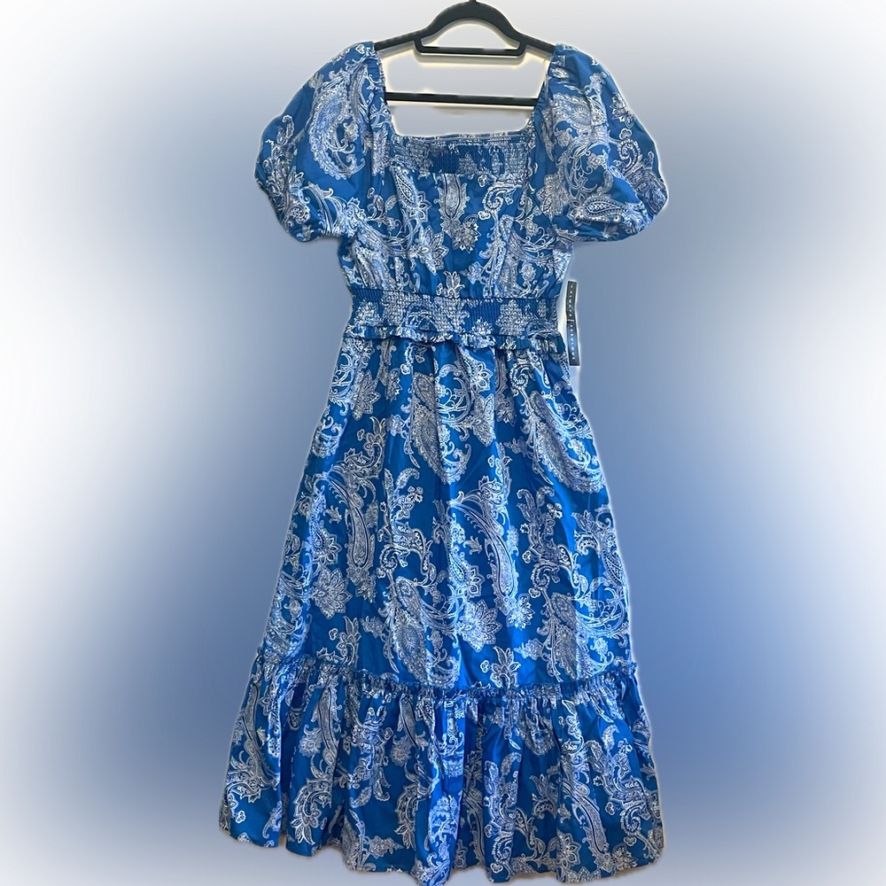 Absolutely Famous Blue Paisley puffed sleeve ruffled dress